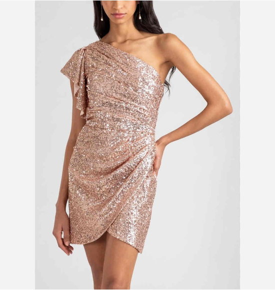 Shoshanna Dahlia Sequin One-Shoulder Ruffle Sleeve Minidress Rose Gold / Pink